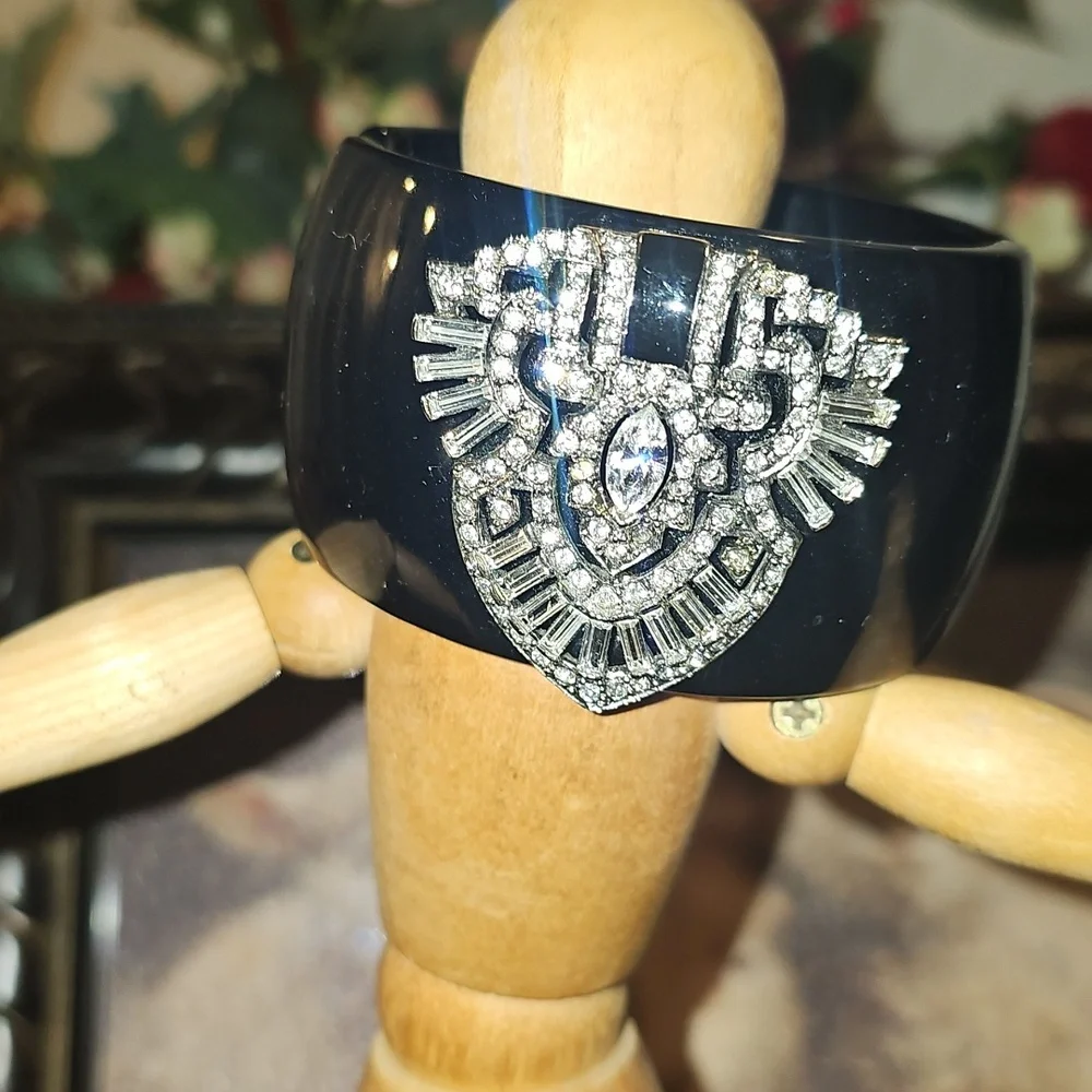 Kenneth Jay Lane Art Deco-Style Wide Cuff Braclet, Enamel & Rhinestone Medallion - Picture 2 of 15